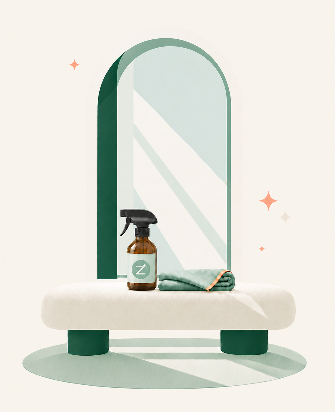 Amber cleaning spray and folded cloth arranged on a cream bench in front of an arched mirror